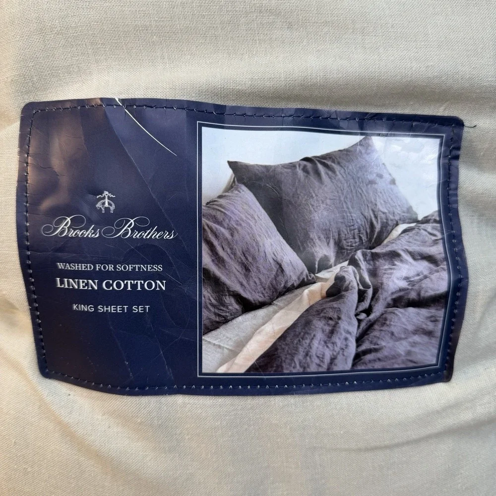 NEW Brooks Brothers Linen/Cotton Blend KING Size Sheet Set Washed for Softness